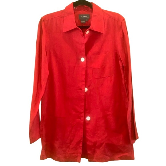 Lauren Ralph Lauren Long Sleeve Button Front Collared Red Linen Tunic Top Size S - Picture 4 of 5